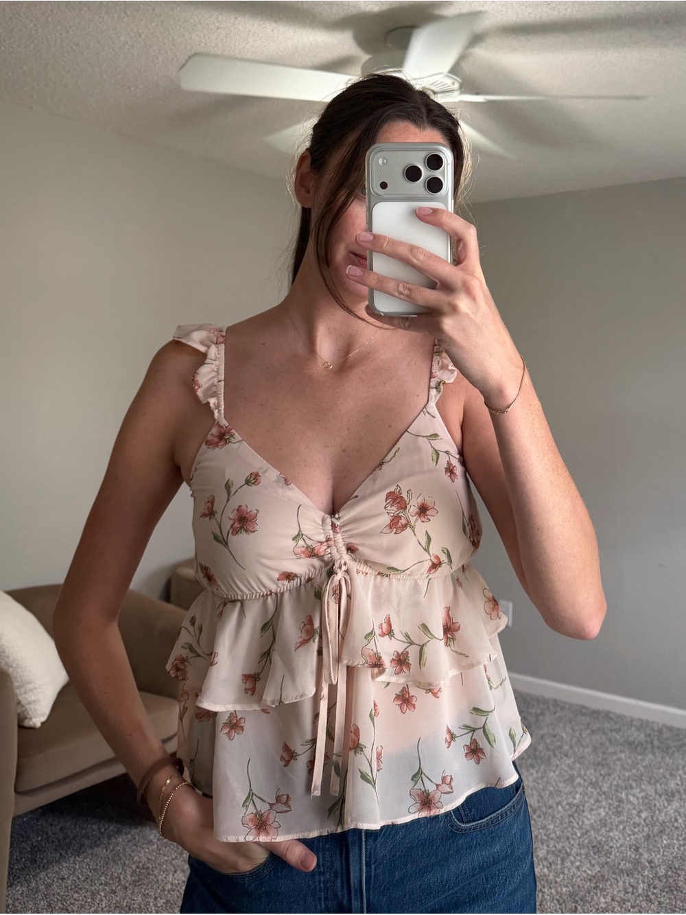 Forever 21 Blush Floral Ruffle Tie-Front Camisole